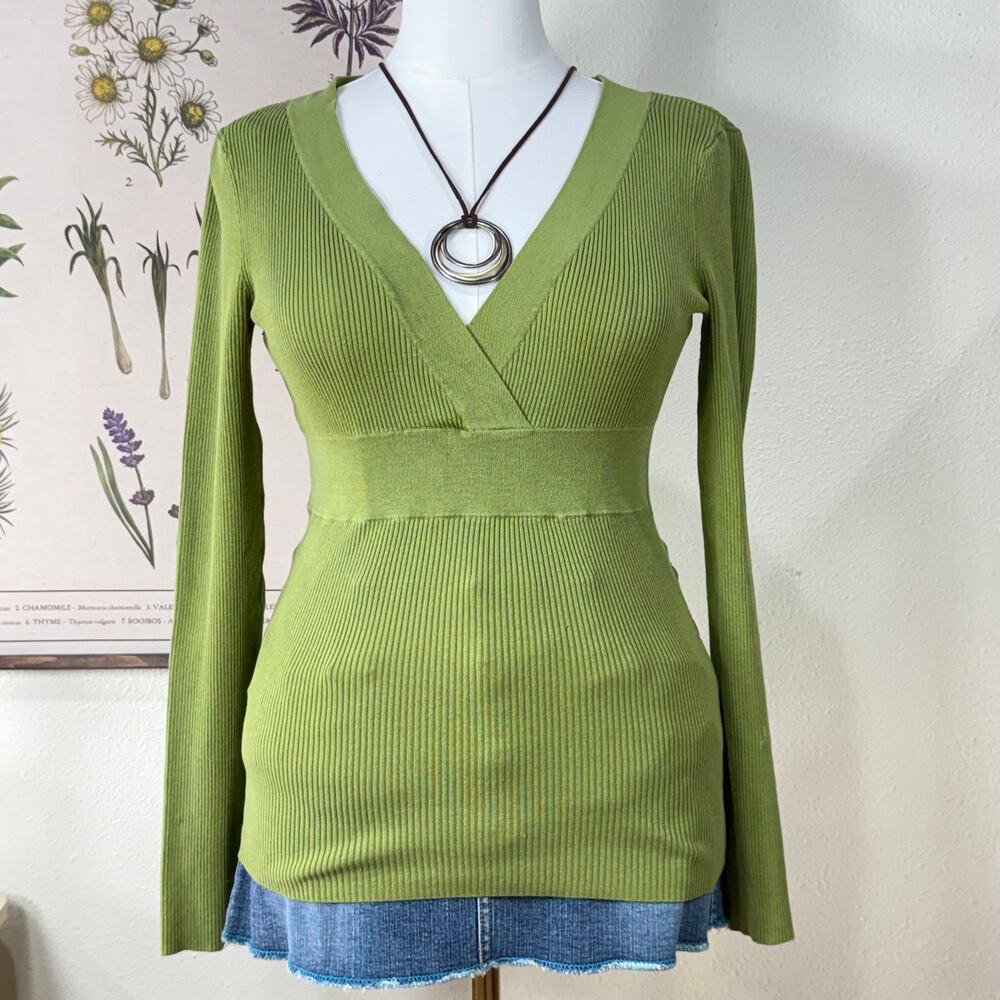 Vintage 90s Y2k Green Ribbed Knit Babydoll Top Indie Forest Bella Swan M